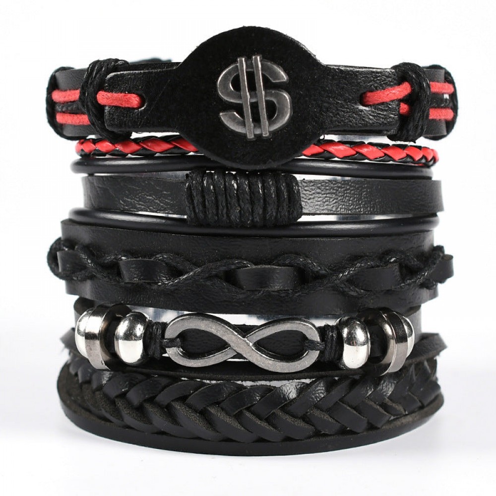 Men's Braided Leather Bracelet Multi-layer Set Skull Bracele