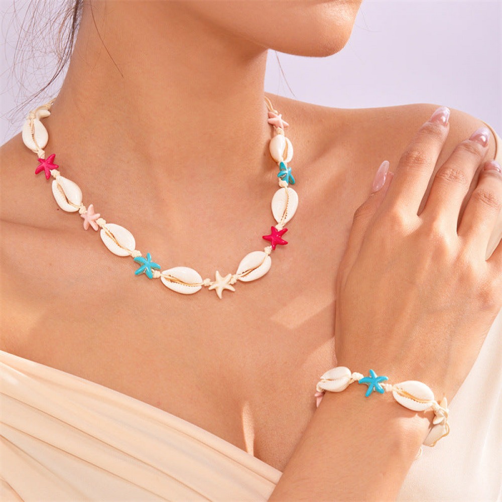 Summer Bohemian Colorful Starfish Shell Braided Bracelet Nec
