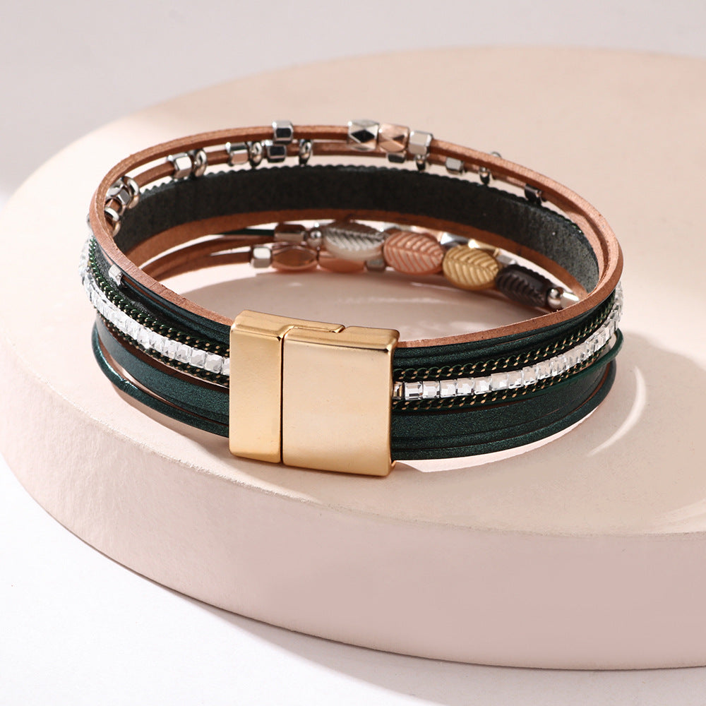 Bohemian Leather Braided Tree Leaf Magnetic Clasp Bracelet