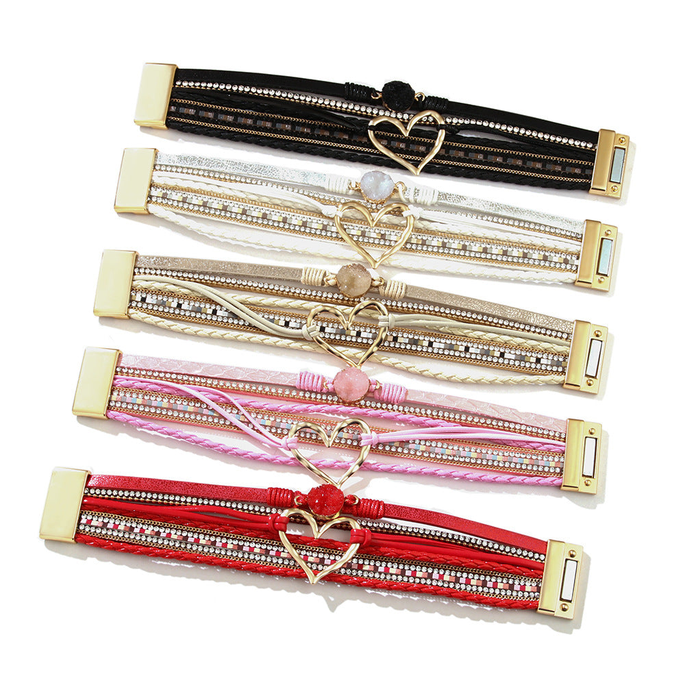 Bohemian Heart Rhinestone Magnetic Leather Bracelet