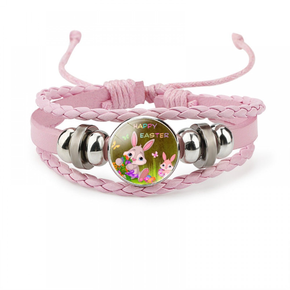 Easter Rabbit Time Gemstone Pink Leather Multi Layer Woven Bracelet OLY-BT-DaMu001