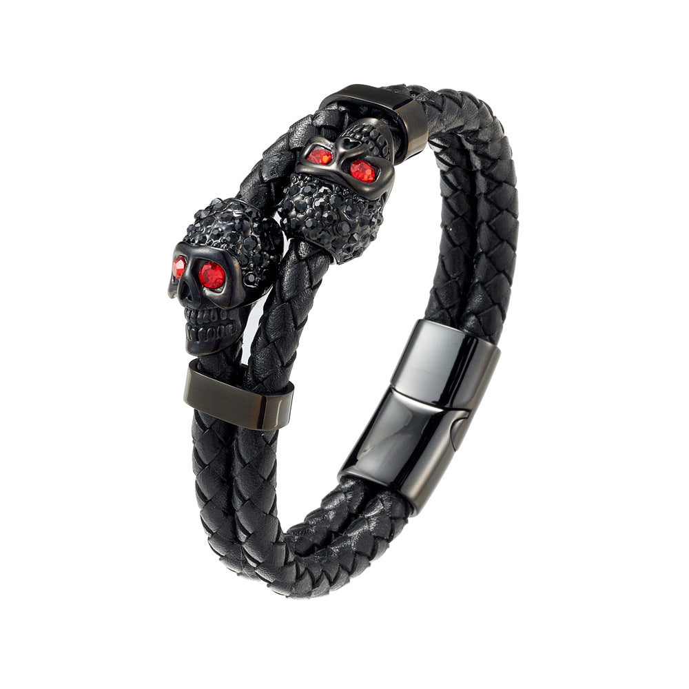 Cowhide Stainless Steel Skull Braided Men's Bracelet