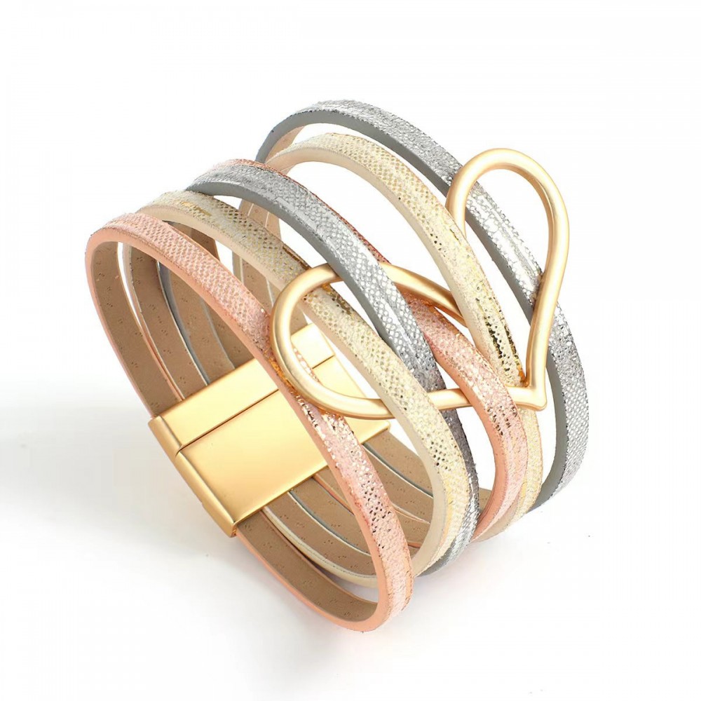 Multi-layered Love Alloy Magnetic Buckle Bohemian Fashion PU Leather Bracelet