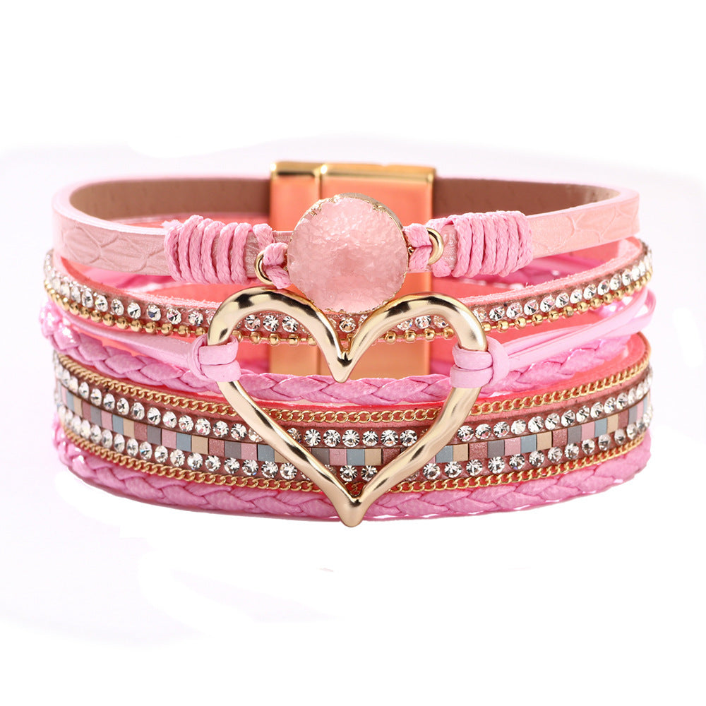 Bohemian Heart Rhinestone Magnetic Leather Bracelet