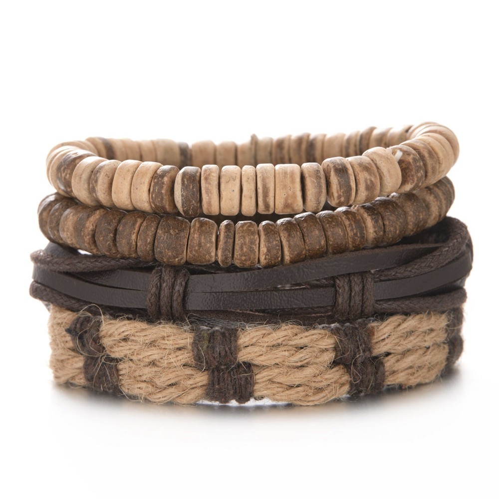 Coconut Shell Wood Beads Braided Bracelet Leather Bracelet