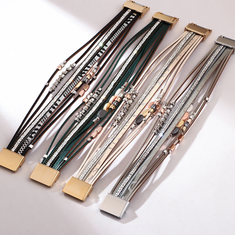 Bohemian Leather Braided Tree Leaf Magnetic Clasp Bracelet