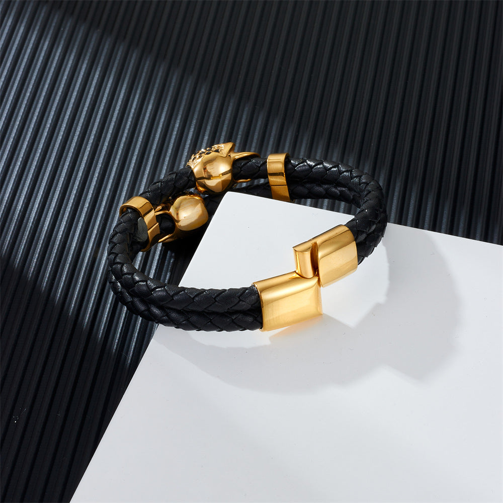 Cowhide Stainless Steel Skull Braided Men's Bracelet
