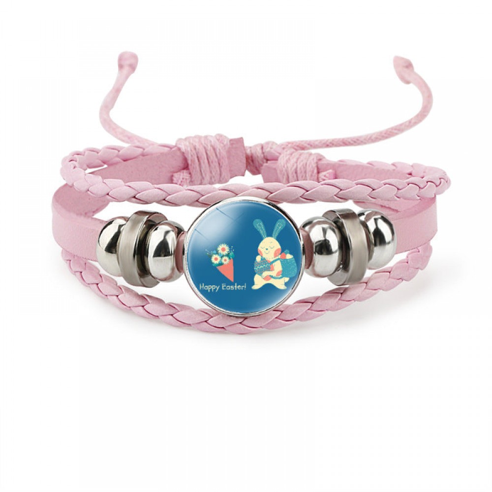 Easter Rabbit Time Gemstone Pink Leather Multi Layer Woven Bracelet OLY-BT-DaMu001