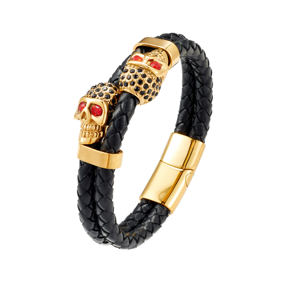 Cowhide Stainless Steel Skull Braided Men's Bracelet