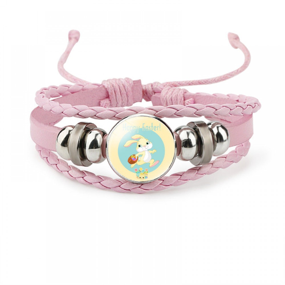 Easter Rabbit Time Gemstone Pink Leather Multi Layer Woven Bracelet OLY-BT-DaMu001