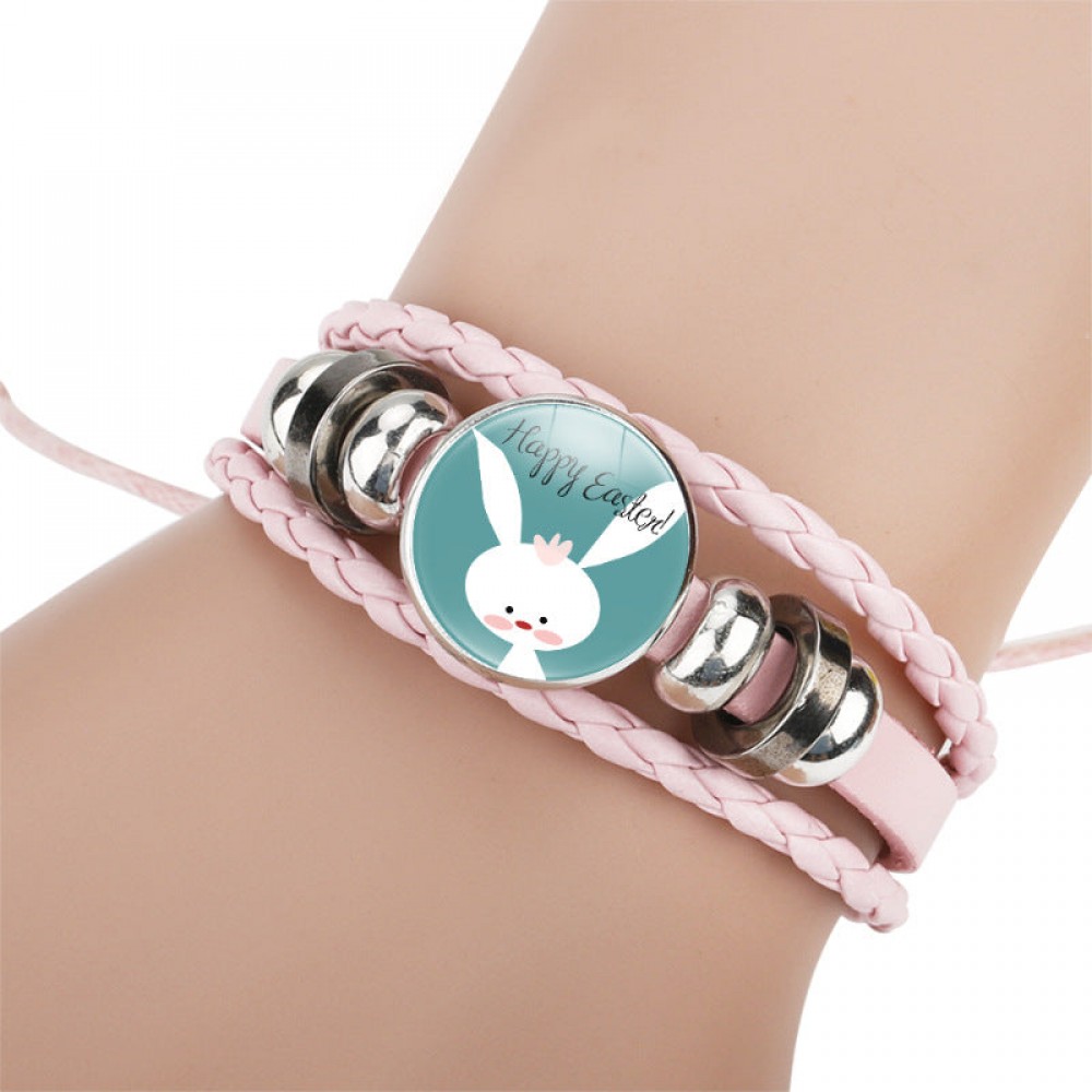 Easter Rabbit Time Gemstone Pink Leather Multi Layer Woven Bracelet OLY-BT-DaMu001