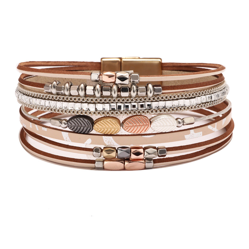 Bohemian Leather Braided Tree Leaf Magnetic Clasp Bracelet