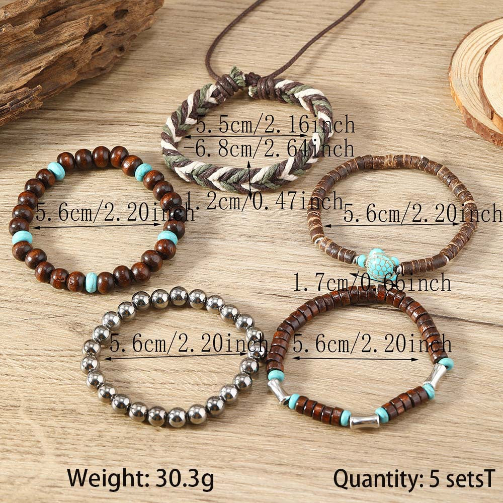 Turquoise Turtle Retro Wooden Beads Wax Rope 5-Piece Braided
