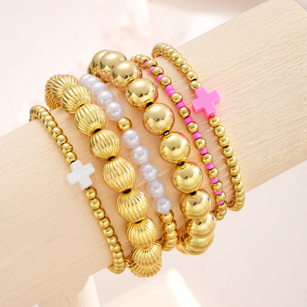 Colorful Fashion Dopamine Cross Pearl Bracelet 6-piece Set