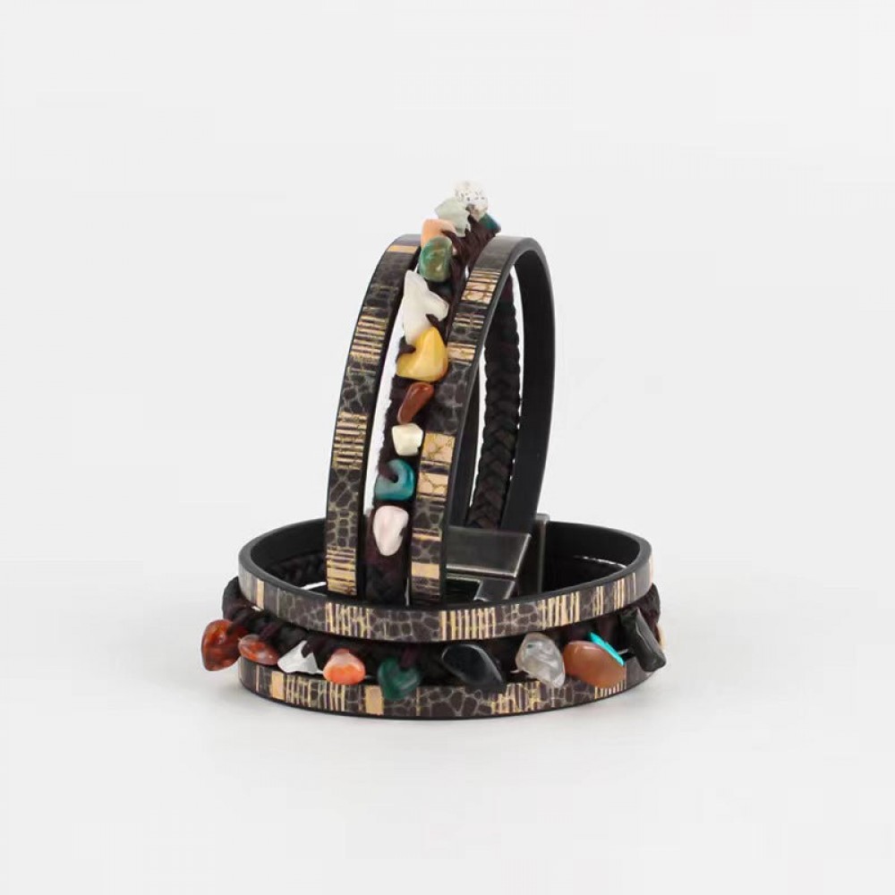 Hand-woven natural stone multi-layered leather bracelet