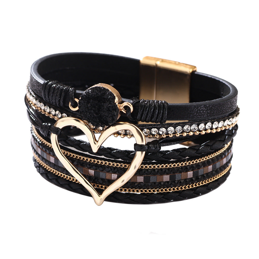 Bohemian Heart Rhinestone Magnetic Leather Bracelet