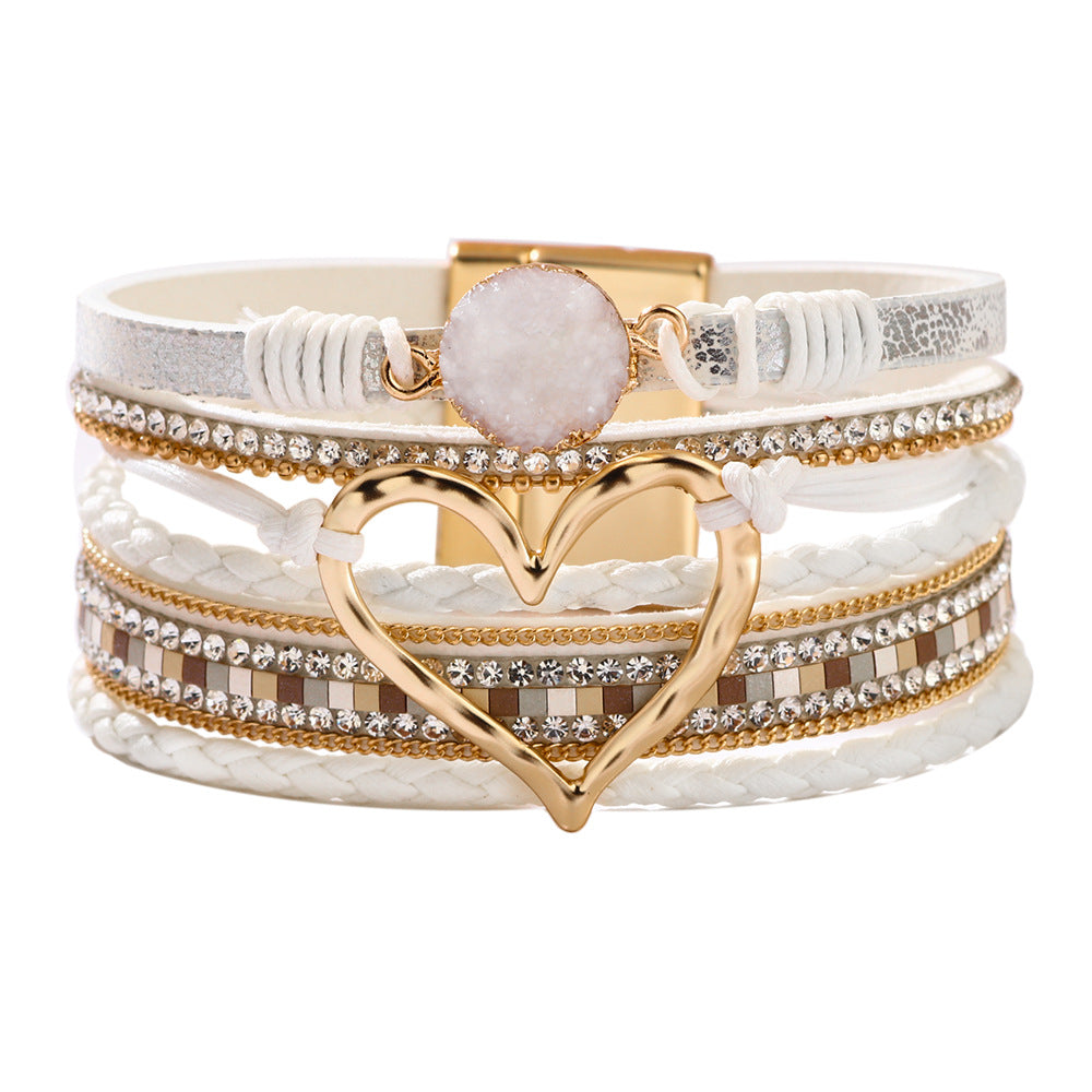 Bohemian Heart Rhinestone Magnetic Leather Bracelet