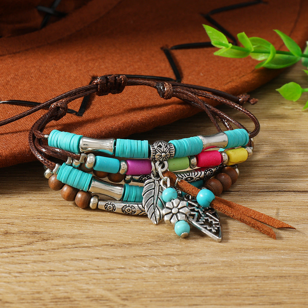 Ethnic Bohemian Turquoise Tow Hat Tassel Handmade Multi-laye