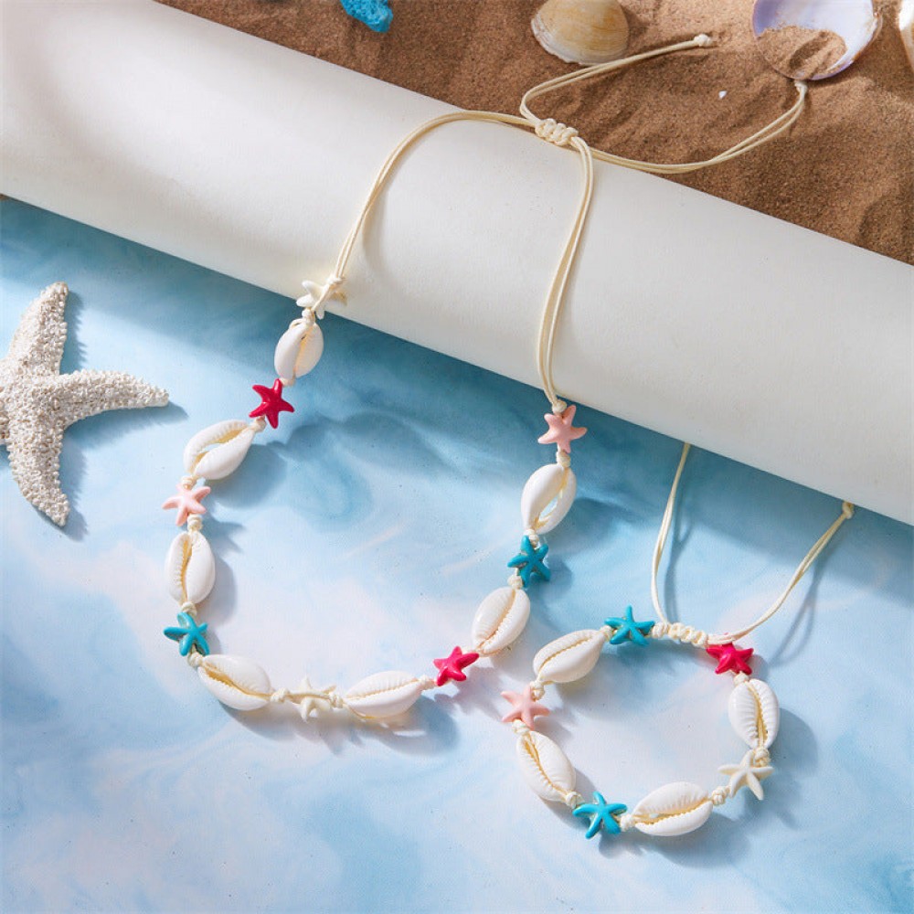 Summer Bohemian Colorful Starfish Shell Braided Bracelet Nec