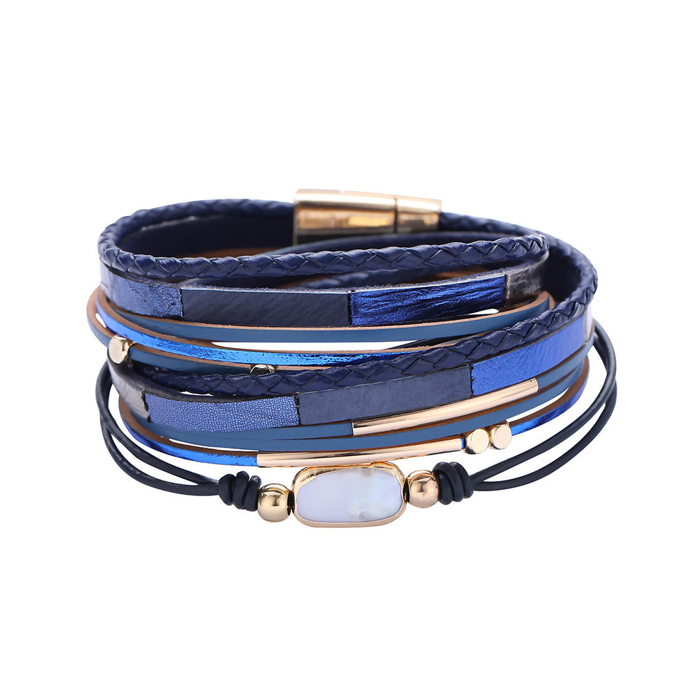 Crystal Leather Braided Leather Vintage Bohemian Feather Turquoise Gravel Magnet Clasp Bracelet