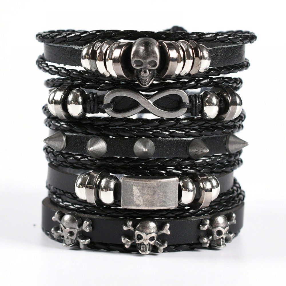 Men's Braided Leather Bracelet Multi-layer Set Skull Bracele