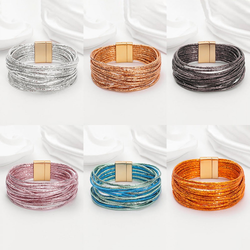 Bohemian Imitation Gold Wire Magnetic Clasp Leather Bracelet