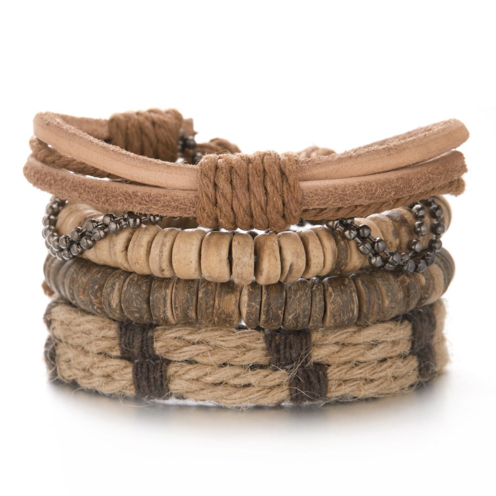 Coconut Shell Wood Beads Braided Bracelet Leather Bracelet
