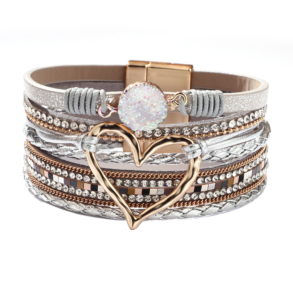 Bohemian Heart Rhinestone Magnetic Leather Bracelet