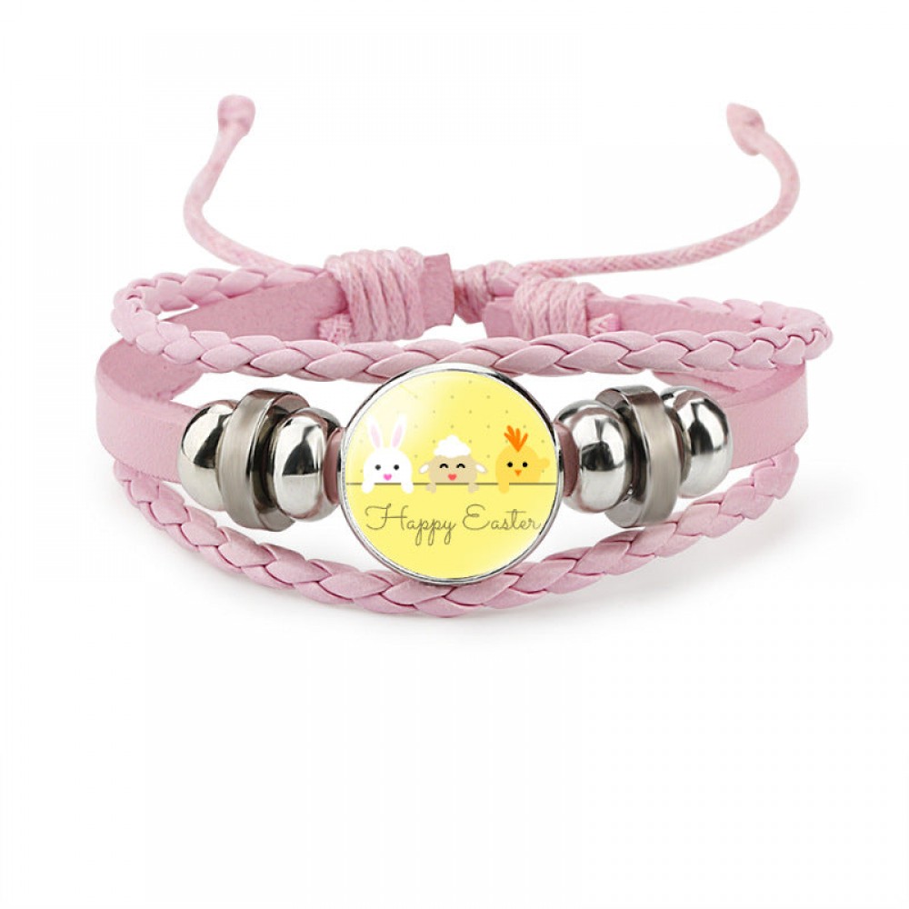 Easter Rabbit Time Gemstone Pink Leather Multi Layer Woven Bracelet OLY-BT-DaMu001
