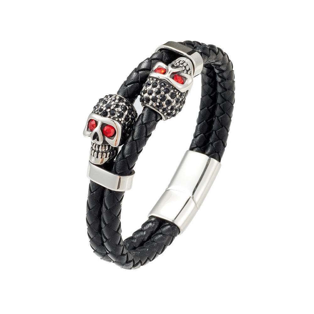 Cowhide Stainless Steel Skull Braided Men's Bracelet