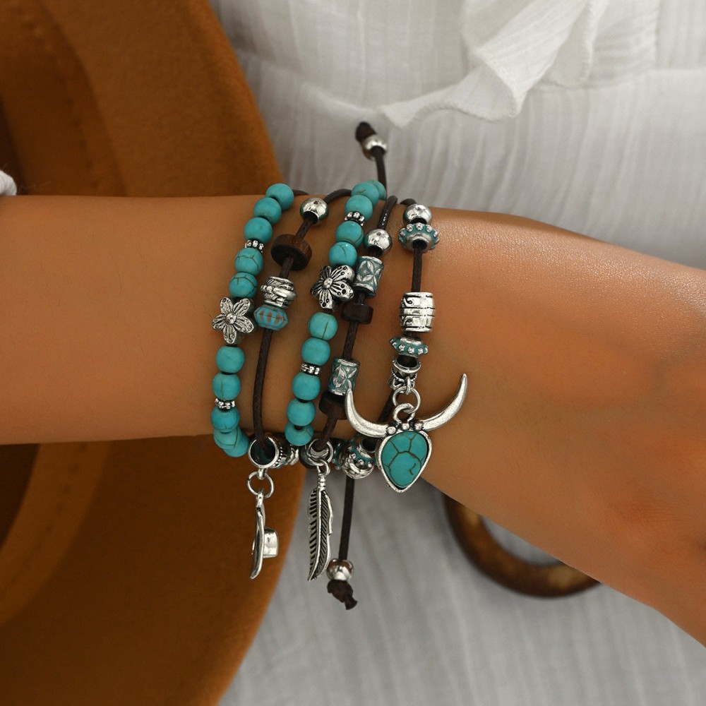 Ethnic Bohemian Turquoise Tow Hat Tassel Handmade Multi-laye