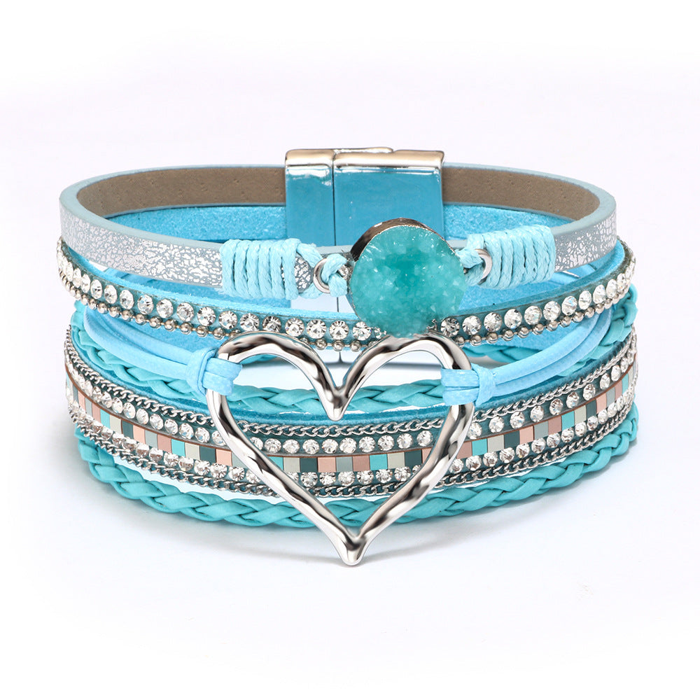 Bohemian Heart Rhinestone Magnetic Leather Bracelet