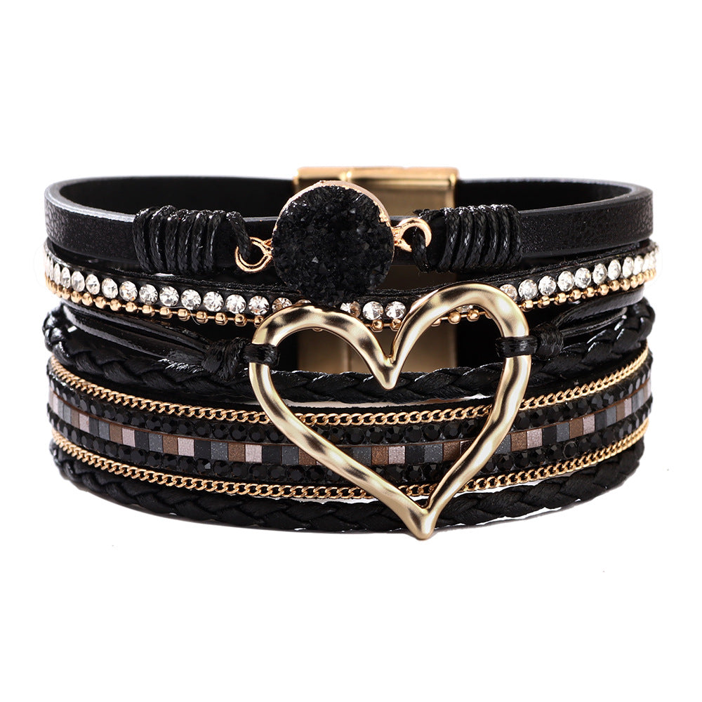 Bohemian Heart Rhinestone Magnetic Leather Bracelet