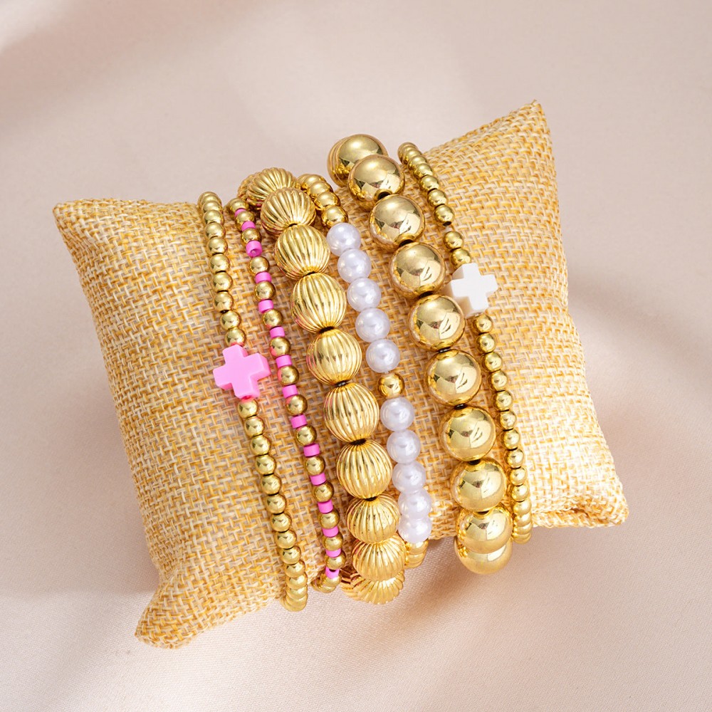 Colorful Fashion Dopamine Cross Pearl Bracelet 6-piece Set