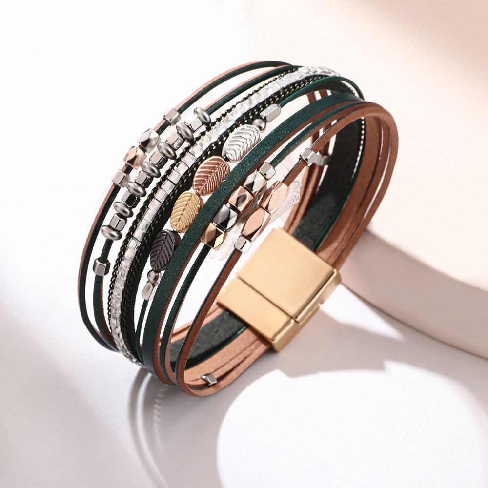 Bohemian Leather Braided Tree Leaf Magnetic Clasp Bracelet