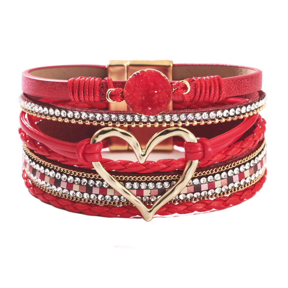 Bohemian Heart Rhinestone Magnetic Leather Bracelet