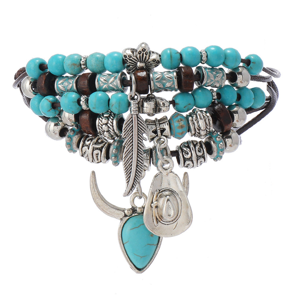 Ethnic Bohemian Turquoise Tow Hat Tassel Handmade Multi-laye