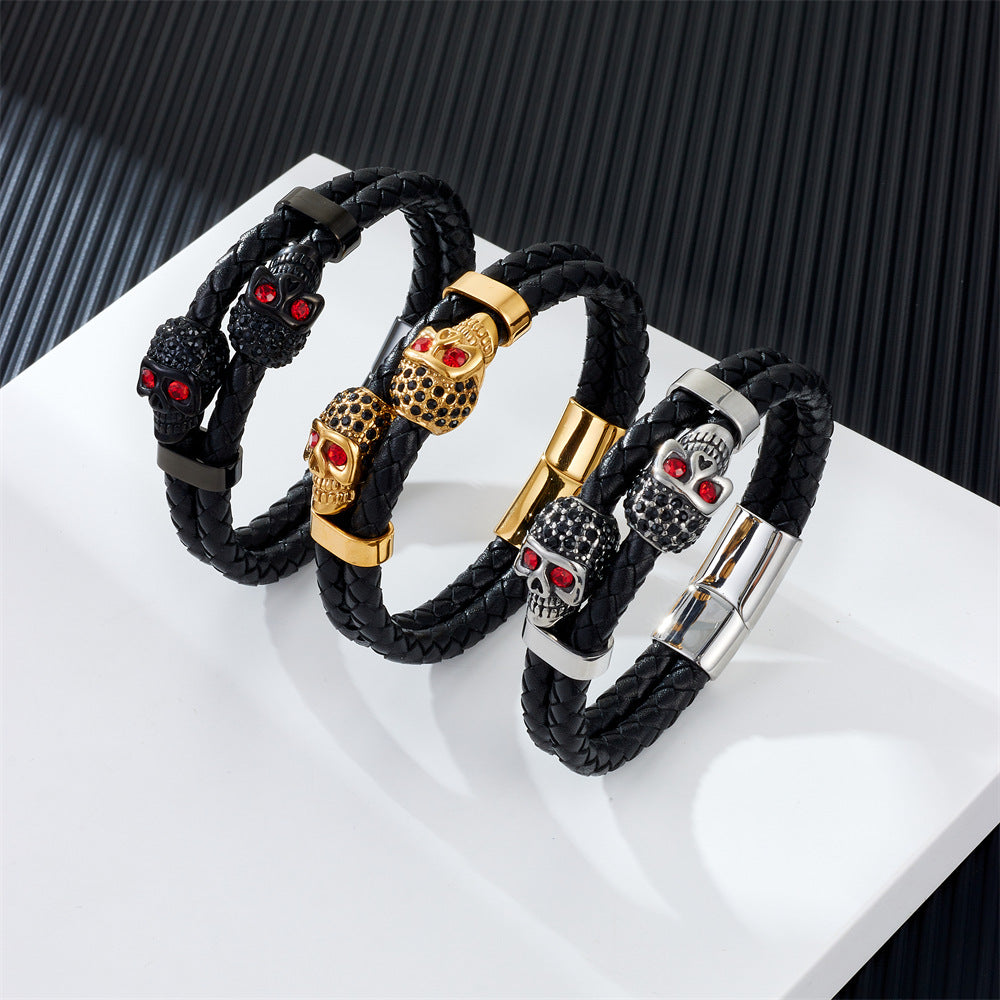 Cowhide Stainless Steel Skull Braided Men's Bracelet