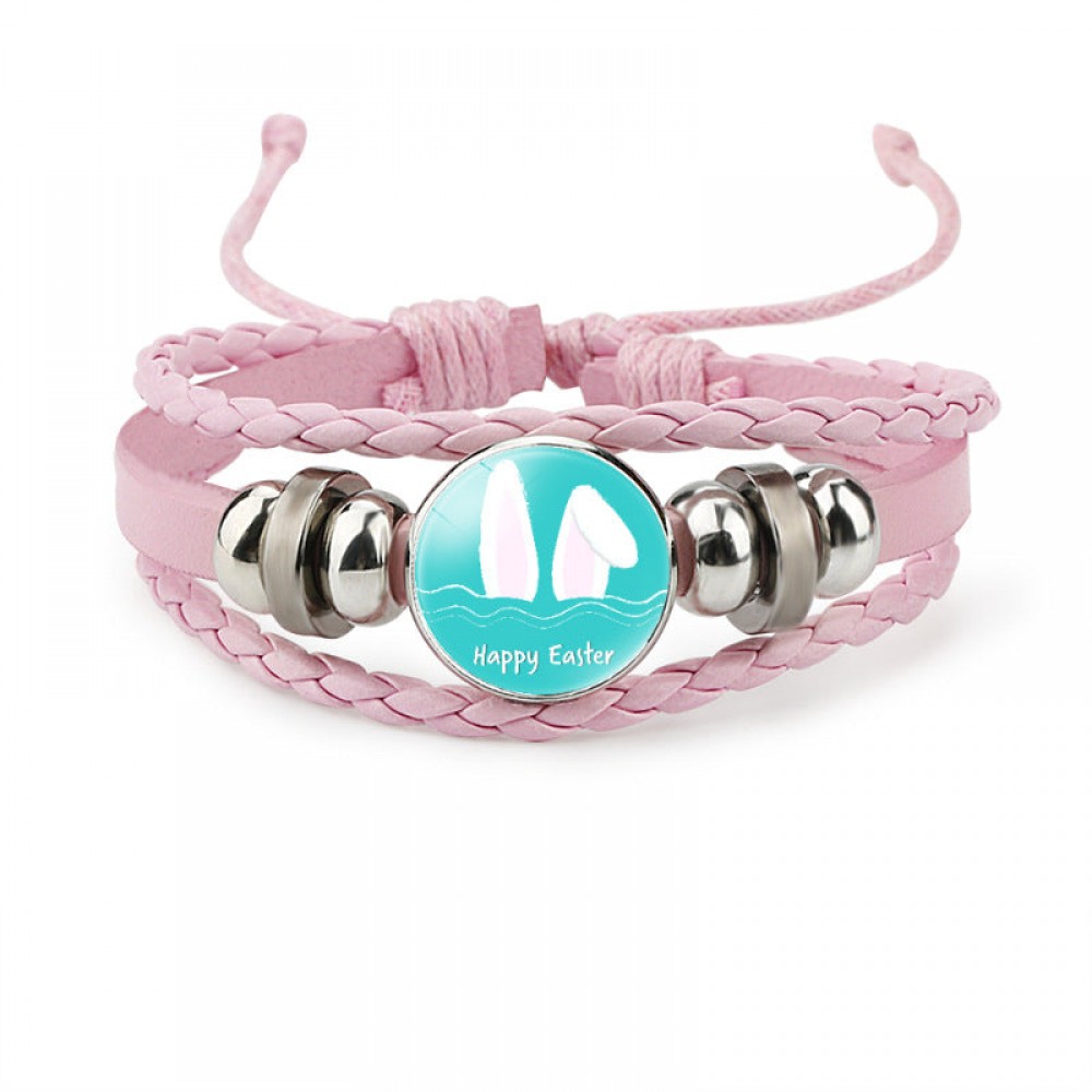 Easter Rabbit Time Gemstone Pink Leather Multi Layer Woven Bracelet OLY-BT-DaMu001
