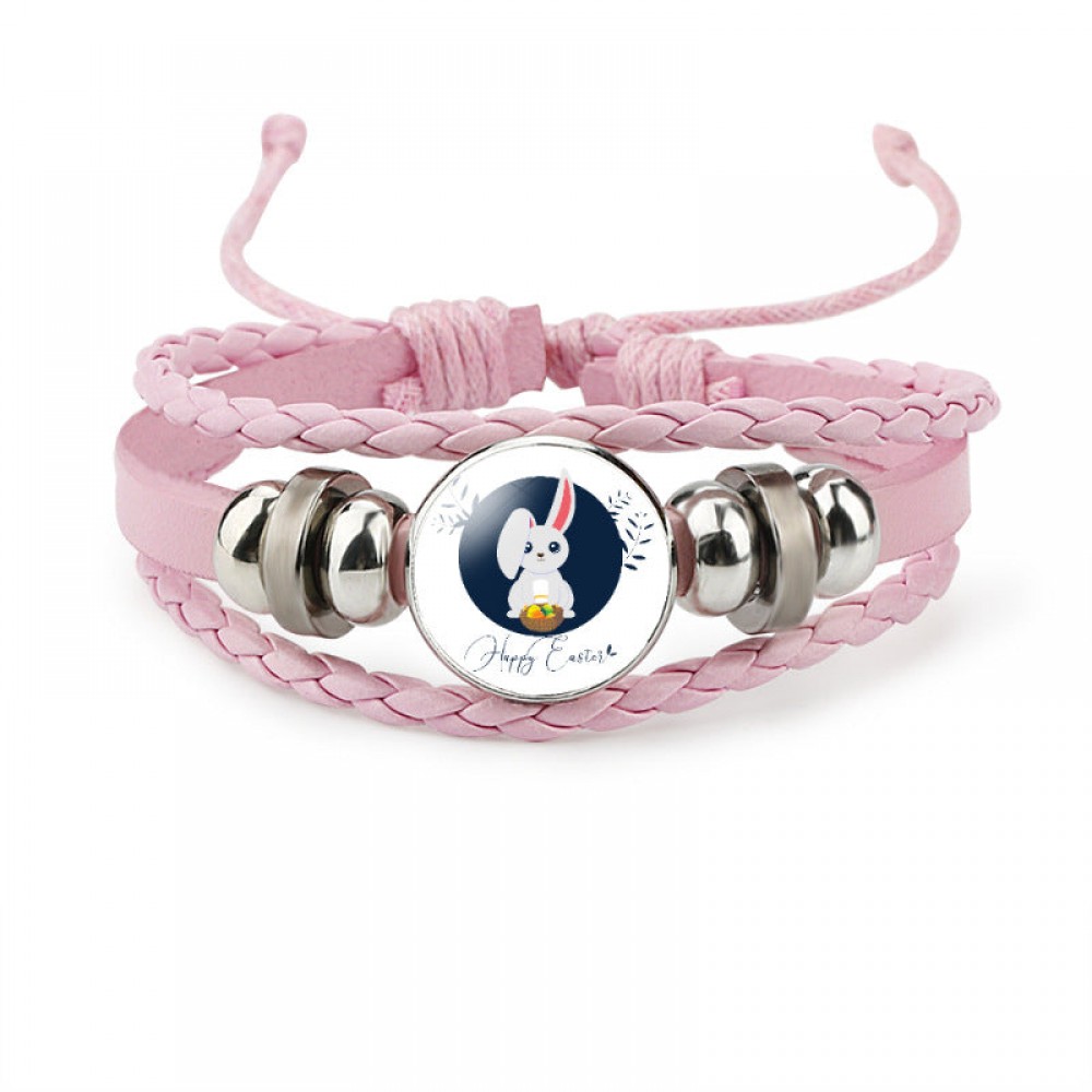 Easter Rabbit Time Gemstone Pink Leather Multi Layer Woven Bracelet OLY-BT-DaMu001