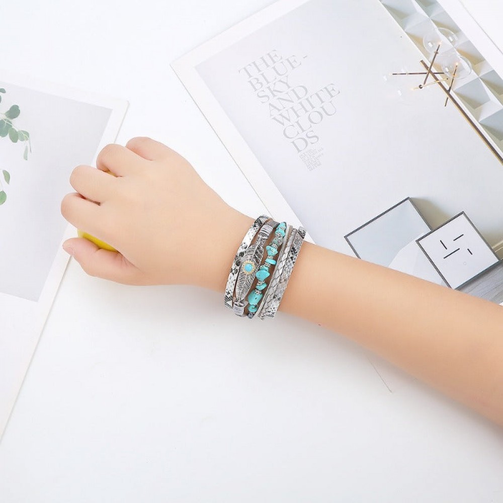 Crystal Leather Braided Leather Vintage Bohemian Feather Turquoise Gravel Magnet Clasp Bracelet