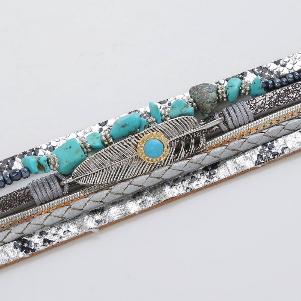 Crystal Leather Braided Leather Vintage Bohemian Feather Turquoise Gravel Magnet Clasp Bracelet